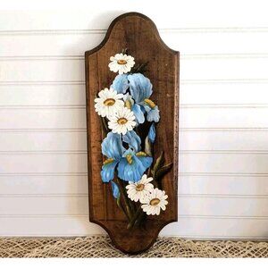 Vintage Floral Wall Plaque, Hand Painted Irises and Daisies, Solid Maple, EUC